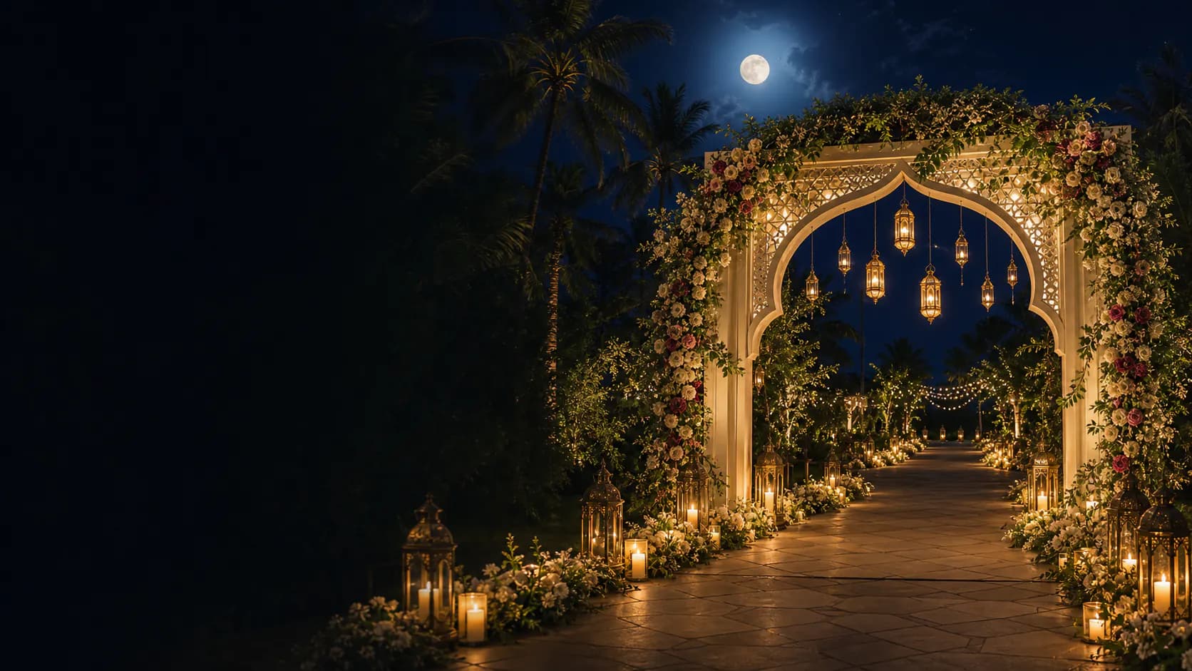 Moonlit garden wedding arrival with an Islamic arch, flowers, palm trees, and warm golden lanterns