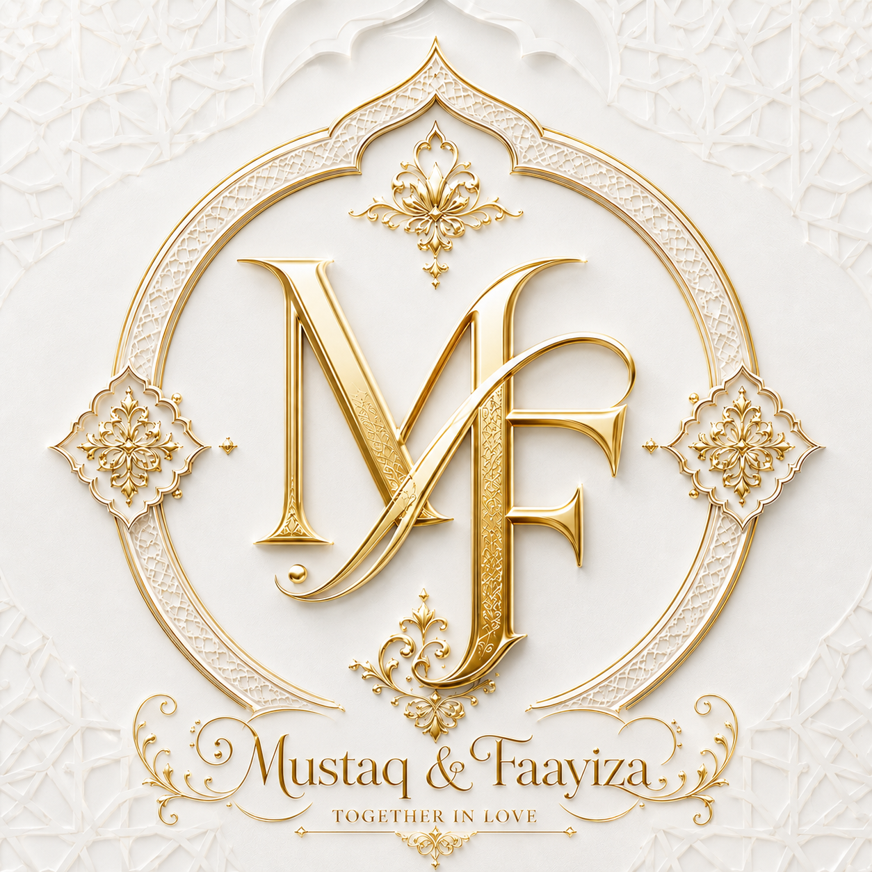 Mustaq and Faayiza intertwined gold MF monogram
